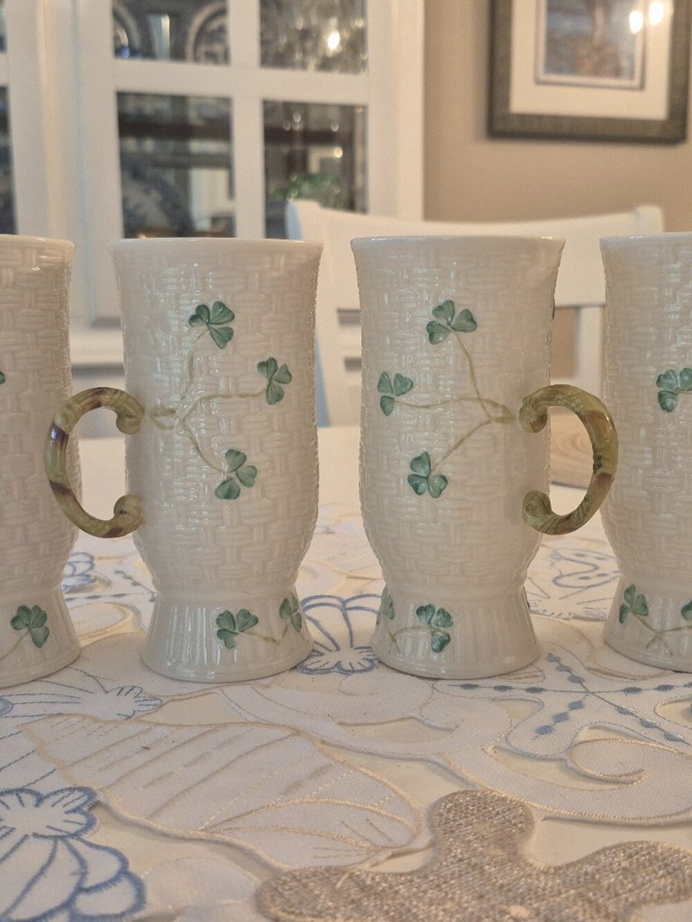 Set of 4 Belleek Irish Coffee Mugs White Porcelain Basket Weave Shamrocks